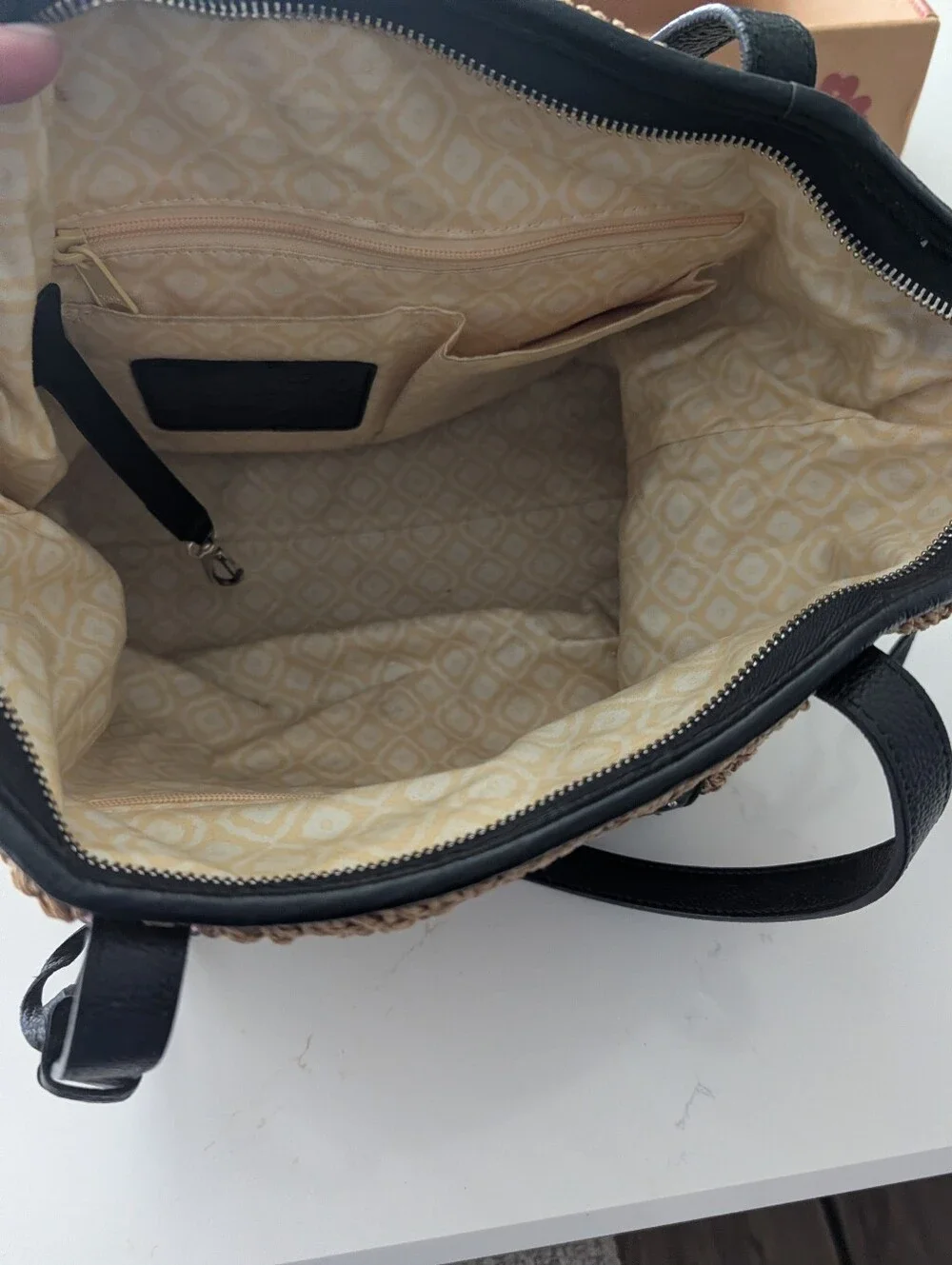 Brighton Tan Woven Tote with Black Leather Trim